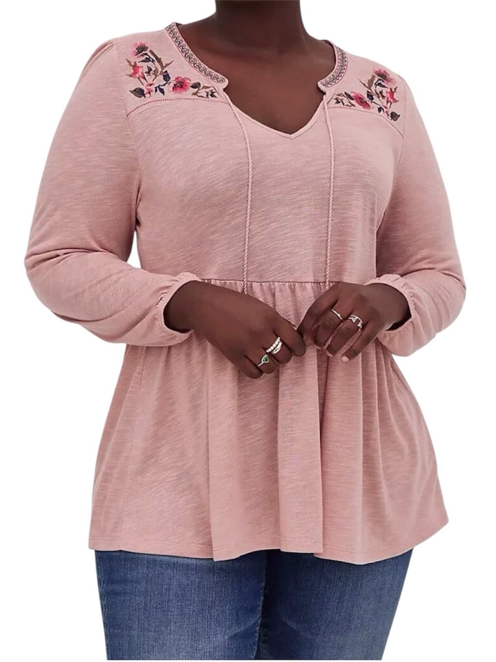 Torrid Blush Pink Embroidered Balloon Sleeve Babydoll Peasant Knit Top Plus 4X